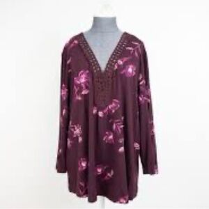 Daniel Rainn Floral V-Neck Tunic - Burgundy and Pink
